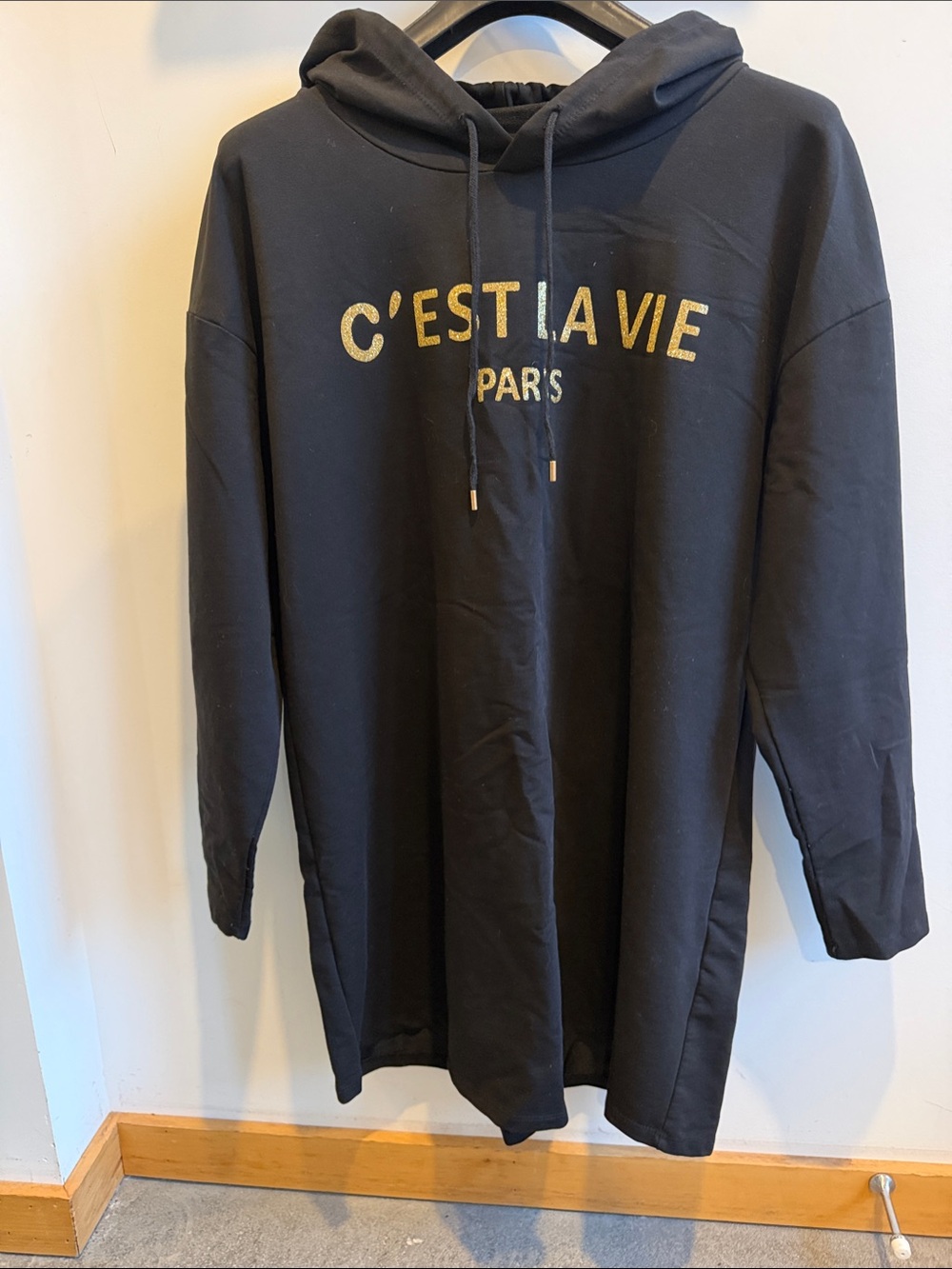 Tricotto Black Long Sleeve Hoodie Dress with Gold Script